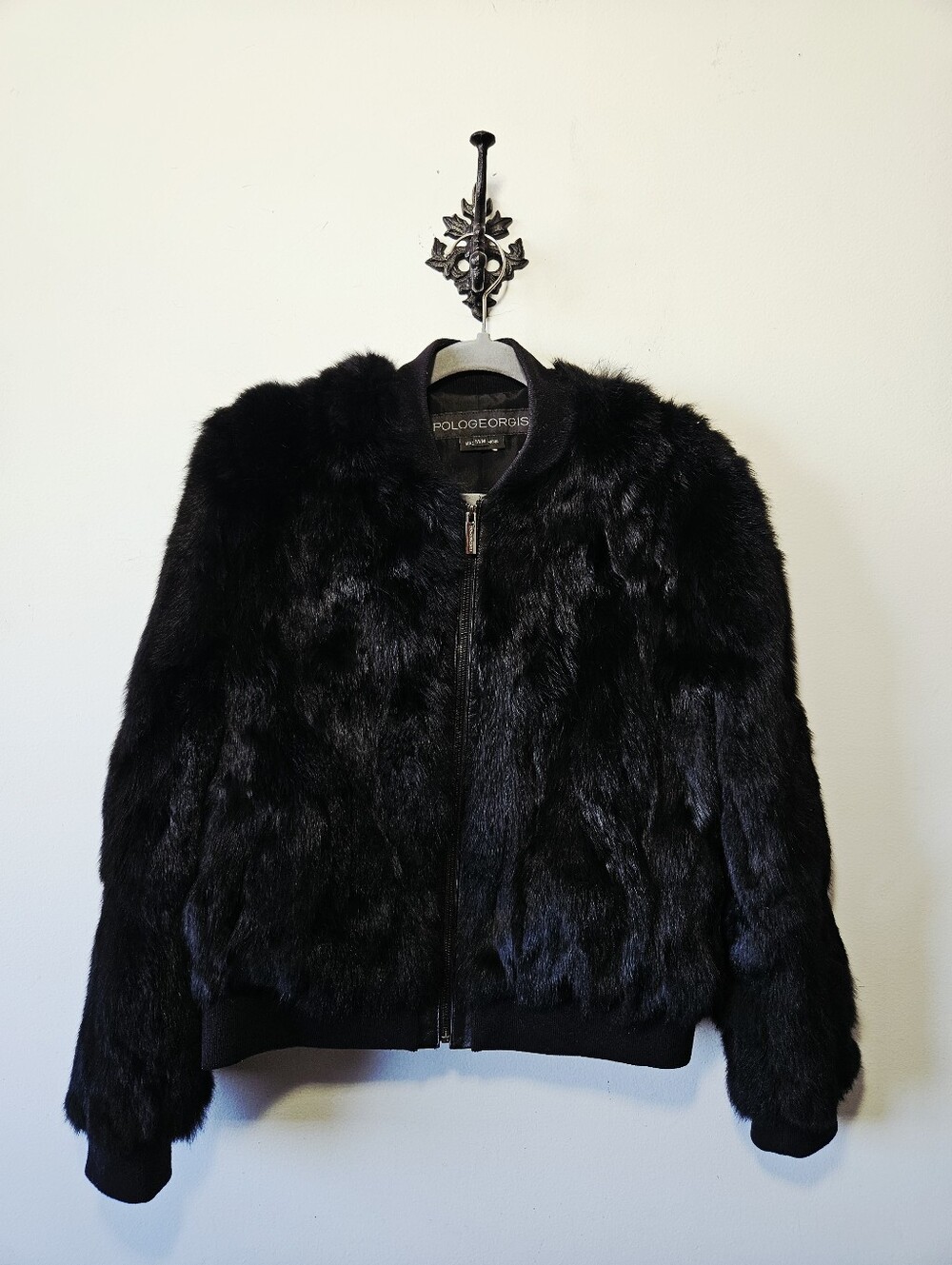 Pologeorgis Rabbit Fur Bomber Jacket Size M Black Full Zip Coat